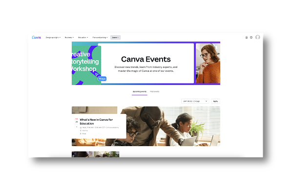 Screenshot of Canva Events web page, Discover new trends, learn from industry experts and master the magic of Canva at one of their events.