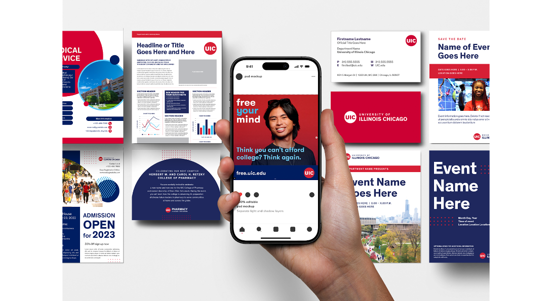 Examples of UIC branding on phones, web pages, business cards and posters